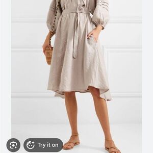 High-Low Taupe Embroidered Belted Dress linen